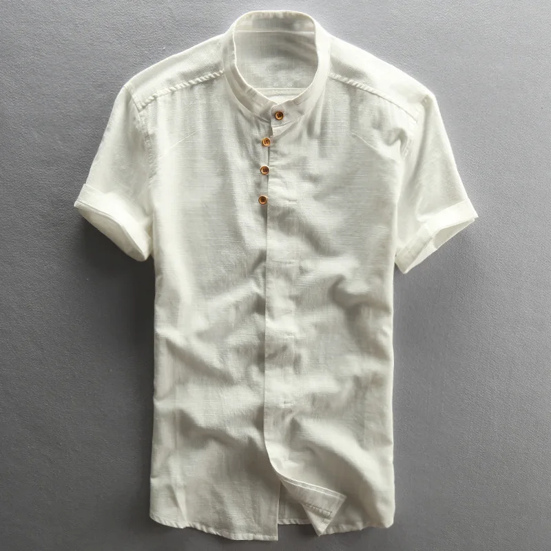 Рубашка мужская с воротником-стойкой винтажная тонкая сорочка из хлопка и льна