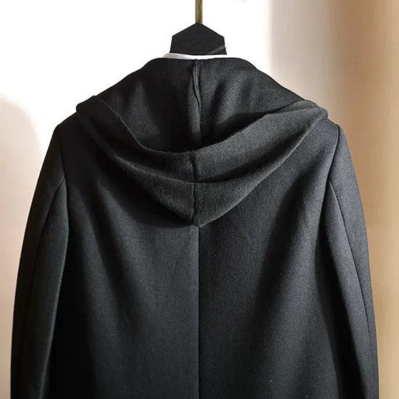 

Autumn Winter Business Casual Black Wool Blends Overcoat Men Slim Fit Hooded Suit Jacket Solid Simple Design Mens Woolen Coat