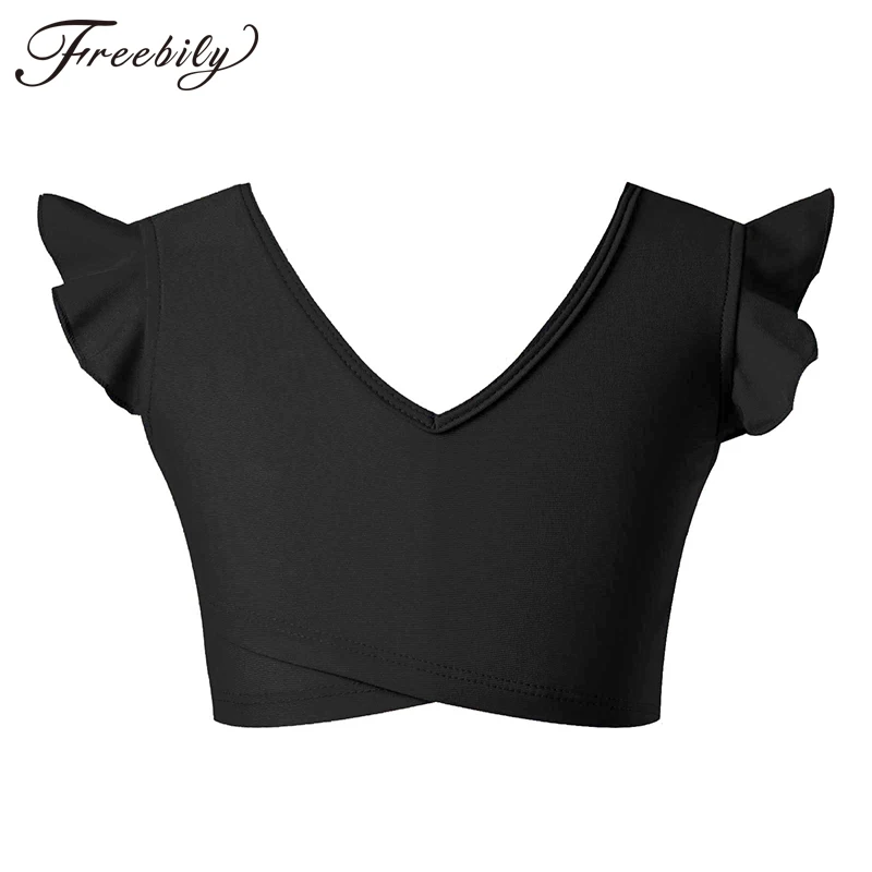 

Children Fitness Gymnastics Tops Dance Wear Kids V Neck Ruffle Sleeveless Stretchy Bra Crop Top Girls Ballet Jazz Dance Costume