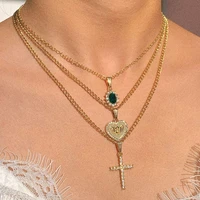 flatfoosie fashion crystal heart cross pendant necklaces for women multi layered golden metal chain necklace choker boho jewelry