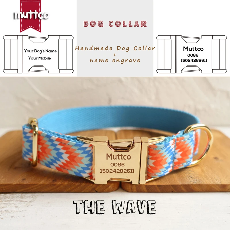 

MUTTCO Engraved retailing self-design high quality personalized collar THE WAVE adjustable dog collars leashes 5 sizes UDC064J
