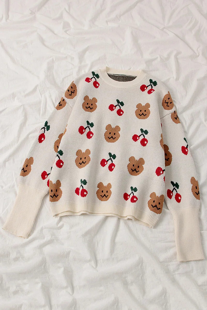 

Women Pullover Sweater New 2020 Autumn Winter Long Sleeved Cute Cartoon Print Knitted Sweaters Woman Loose Oversize Korean Tops