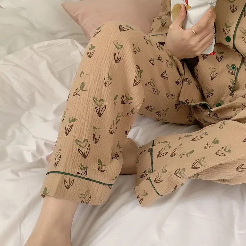 QWEEK Cotton Yarn Pajamas Sets 2 Piece Korean Homewear Autumn Sleepwear Kawaii Heart Sapling Print Pijamas Female Loungwear Suit