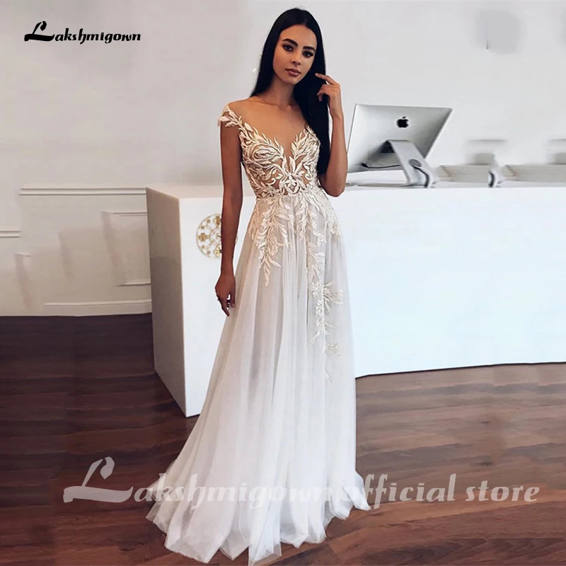

Lakshmigown Boho Lace Wedding Dress Cap Sleeve Vintage Lace Appliques Bride Dresses Vestido De Novia Custom Made