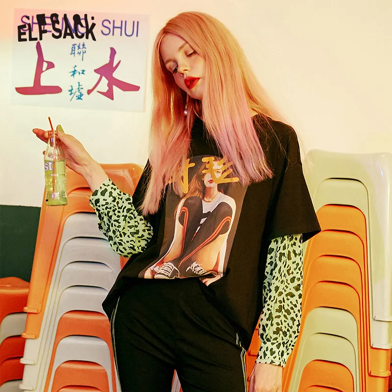 ELFSACK хлопковые винтажные женские футболки с принтом 2019 Осенние новые леопардовые