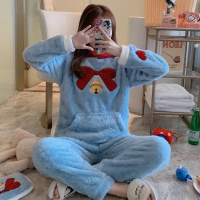 

Pajamas Women Autumn Winter Thickening Plus Velvet Bells Coral Fleece Ladies Cartoon Hooded Warm Flannel Winter Two Piece Sets