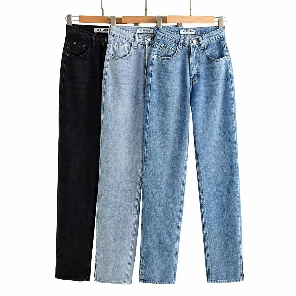 

Women high waist jeans pant Spring loose solid denim jeans pants Button Summer retro ladies zipper blue denim Floor split pants