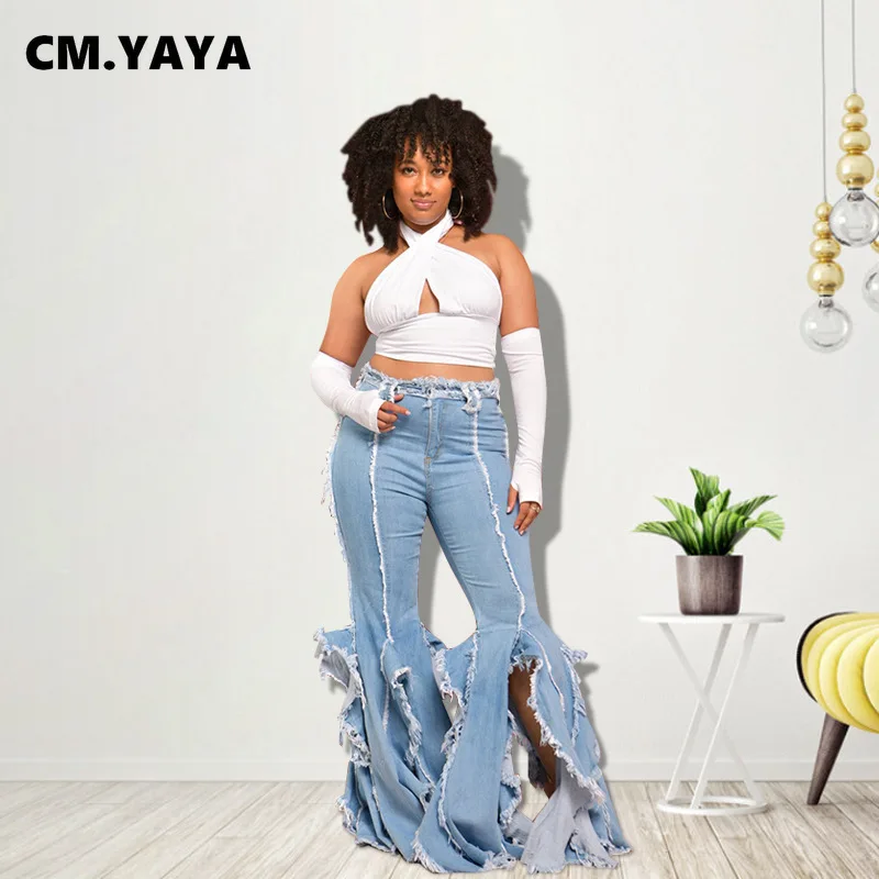 

CM.YAYA Women Jeans Solid Mid Waist Distressed Ripped Splited Long Flare Denim Pants Sexy Fashion High Streetwear Summer 2021