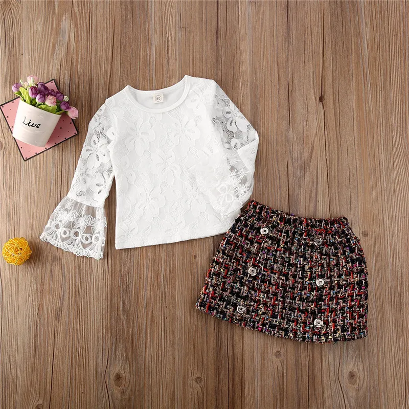 1-6T Kid Baby Girl Clothes White Lace Flare Ruffle Long Sleeve T-Shirt Tops Kids Skirt Girls Outfit Casual Clothing | Мать и ребенок