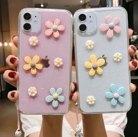 

3D Sun Flower Phone Case for iPhone 11 12 13 Pro Max XR X XS Max 7 8 Plus Glitter Bling TPU Clear Cover Strap Coque with Lanyard