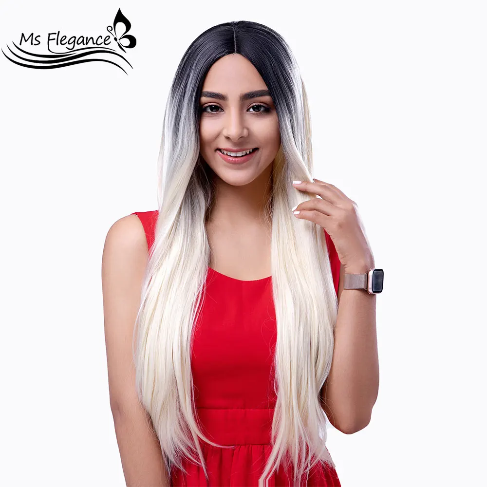 

MS FLEGANCE White Long Straight Wig Synthetic Lace Front Wig For Black/White Women Black Wig Daily Or Party Natural Hairline