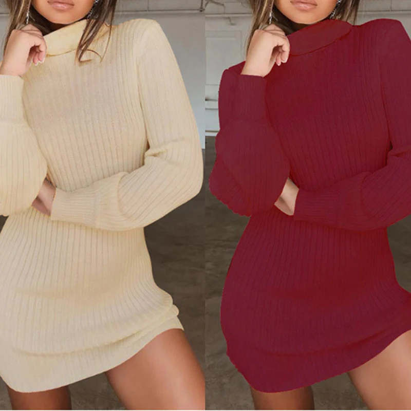 

BONJEAN Knitted Dress for Women 2020 Robe Femme Long Sleeve Slim Dresses Turtleneck Mini Sheath Dress Spring Clothing BJ1984