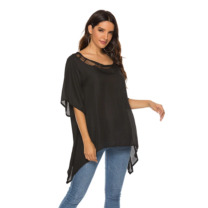 

2020 Hot Solid Color Blouse Sexy Lace O Neck Casual Patchwork Irregular Hem Top Chiffon Loose Female Blusas Blouse