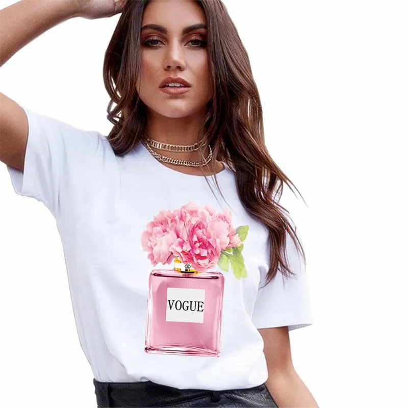 

New Perfume Vase White T Shirt Women Summer Flower Short Sleeve Lady Tops Tshirt Ladies Women's Graphic Female Tee T-Shirt