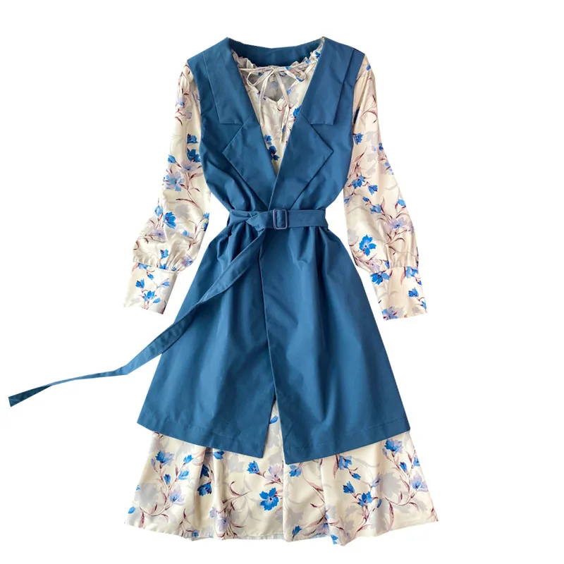 

Two piece suit early spring 2021 new loose cover meat show thin floral dress foreign style medium length vest