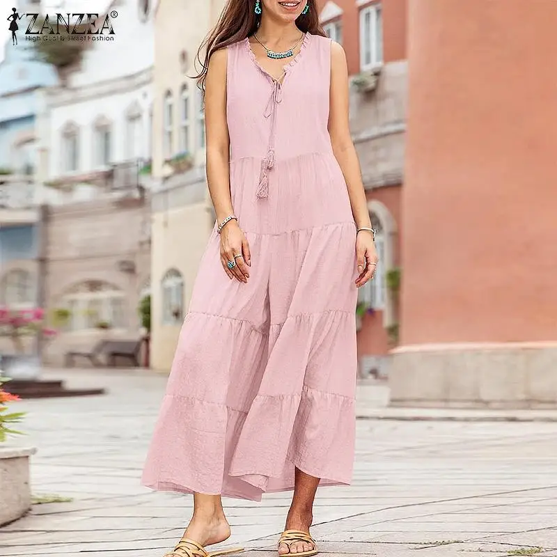 

2021 Sleeveless Ruffle Playsuit Fashion Women Solid Jumpsuit Summer Casual Pleated Wide Leg Holiday Rompers Party Pant