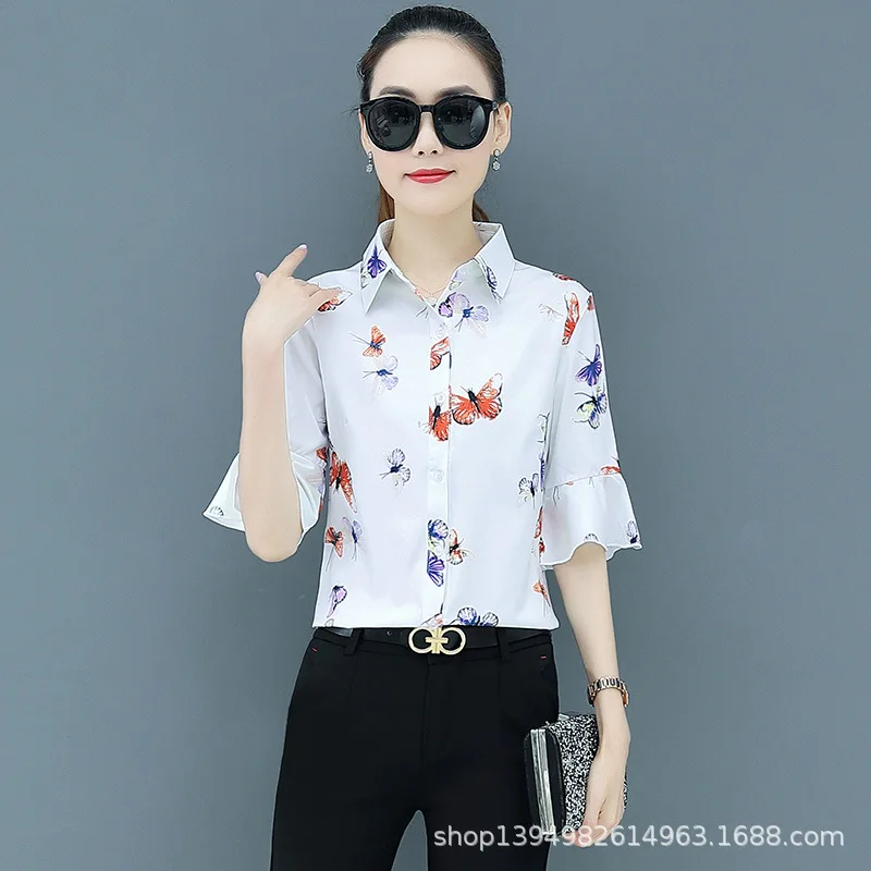 

Korean Fashion Chiffon Women Blouses Office Lady Shirt and Blouse Flare Sleeve Womens Tops and Blouses Plus Size XXXL/5XL