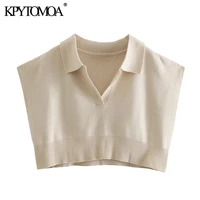kpytomoa women 2021 fashion with ribbed trims cropped knitted sweater vintage lapel collar sleeveless female pullovers chic tops