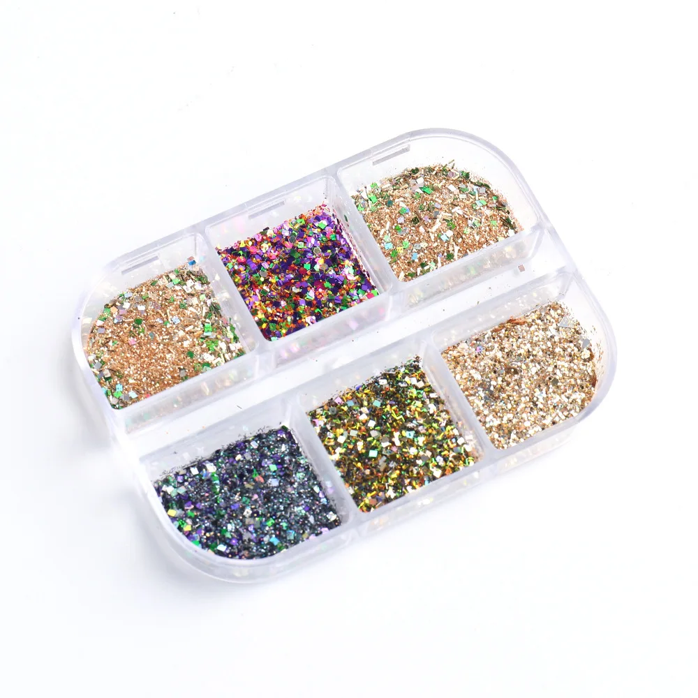 

6Grids 3D Fluorescent Nail Glitter Flakes Mixed Color Granulated Sugar Powder Irregular Manicure Nail Art Pigment Decoration