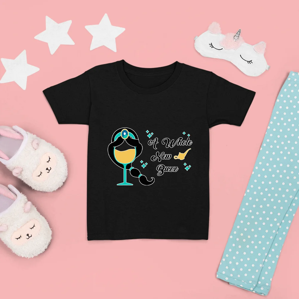 

Jasmine Princess Cartoon Pattern Kids T-shirts Black White Tee Disney Wine Glass Princess Series Of Whole New Buzz Letters Print