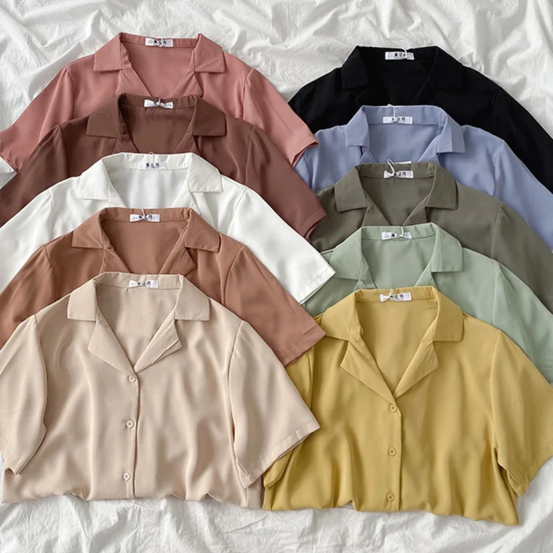 

Casual Basic Short Sleeve Blouse Women V-neck Loose Office Formal Shirt Female Fashion Blue Yellow Cardigan Tops