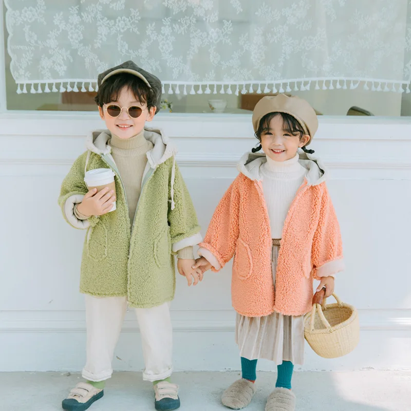 Winter fashion boys girls woolen hooded thick zipper jackets chilren loose oversized coats kids outwear