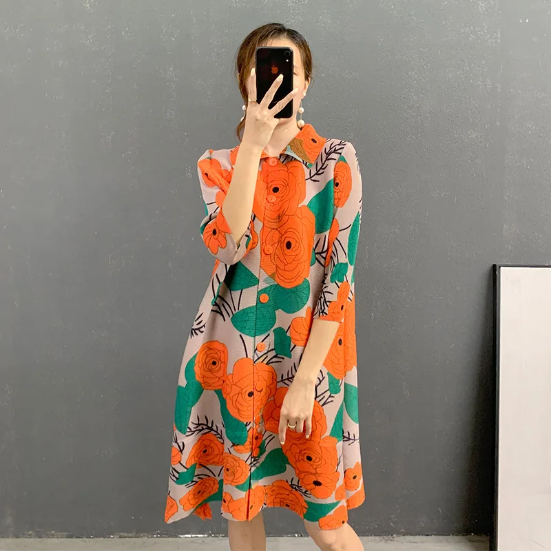 Dress For Women 45-75kg 2022 Autumn Winter New Turn Down Collar Fashion Printed Loose Stretch Miyake Pleated Dress Knee Length