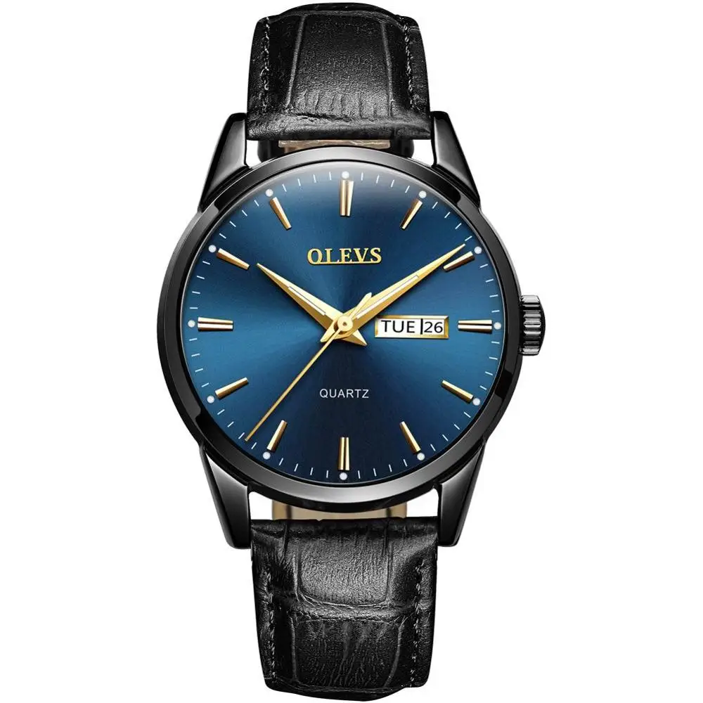 - Men - Black Blue OLEVS Простые Модные женские часы relojes mujer кожа день с датой часы женские светящиеся руки водонепроницаемые Wist часы - Цвет: - Men - Black Blue