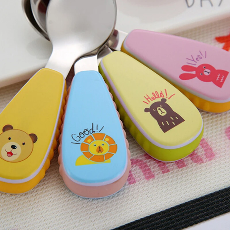Cuchara infantil de dibujos animados de acero inoxidable 304, tenedor para aprender a comer, suplemento de alimentos para beb&eacute;s, juego de cubiertos port&aacute;til-1