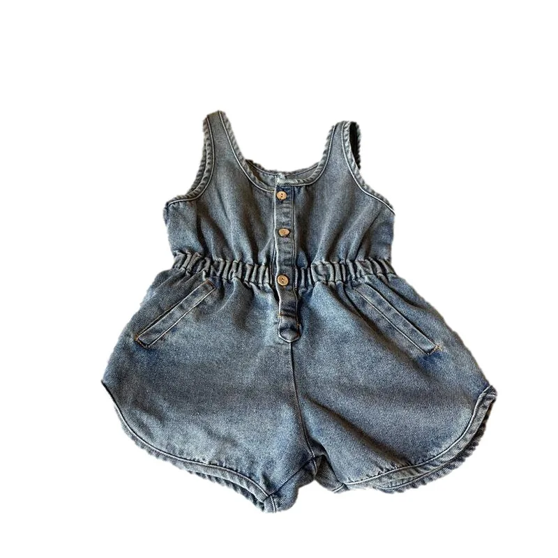 

Children's Wear 2021 Summer New Korean Girls Jumpsuit Kids Sleeveless Jumpsuit Single Breasted Romper
