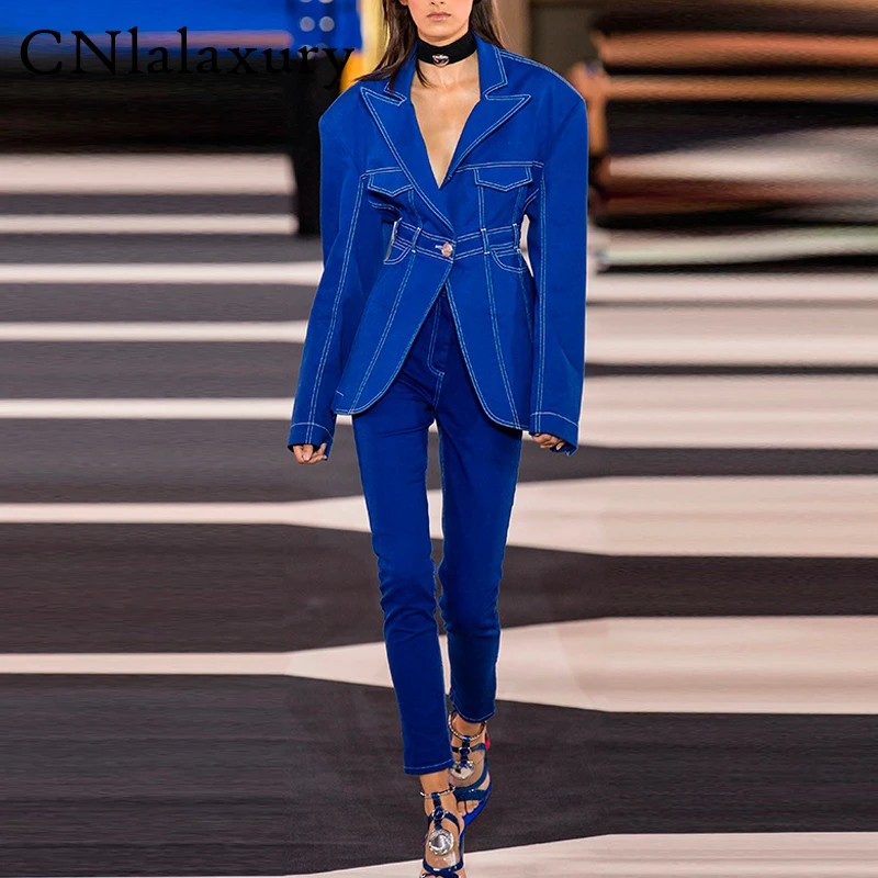 Женский винтажный брючный костюм элегантный зеленый джинсовый пиджак на одной