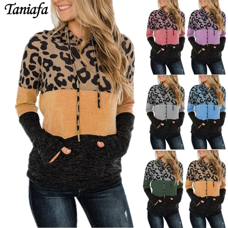 

Autumn and Winter Sweatshirts Ladies Hooded Stitching Printed Loose Sweatshirt Plus Size Sweatshirts