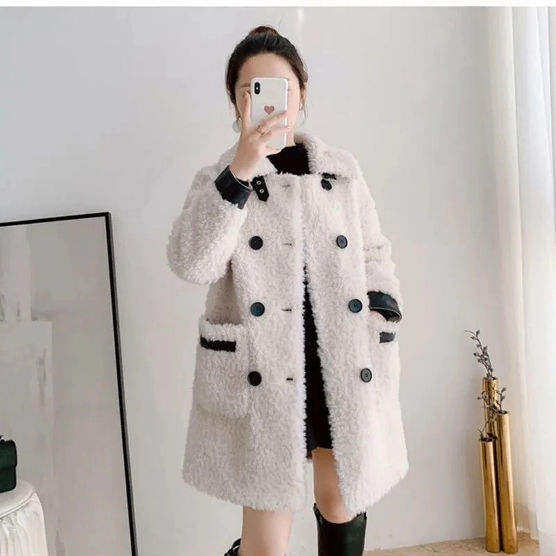 

Осенне-зимняя шерстяная куртка из овечьей шерсти двубортное женское двубортное пальто с отложным воротником модная Корейская одежда пальт...