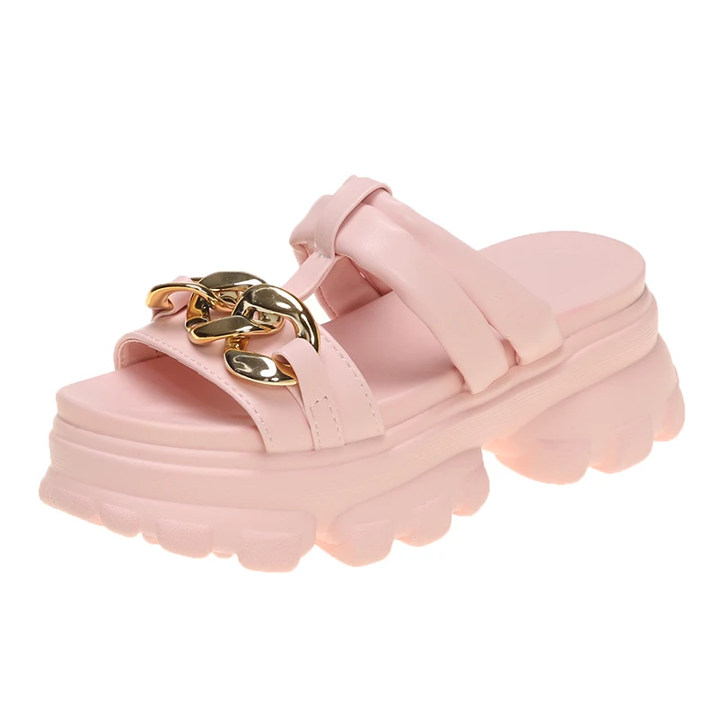 

wohdhe Women Mules High heels Flat Slides Designer Metal Decoration Sandalias Buckle 2021 Summer New Platform Sneakers Slippers