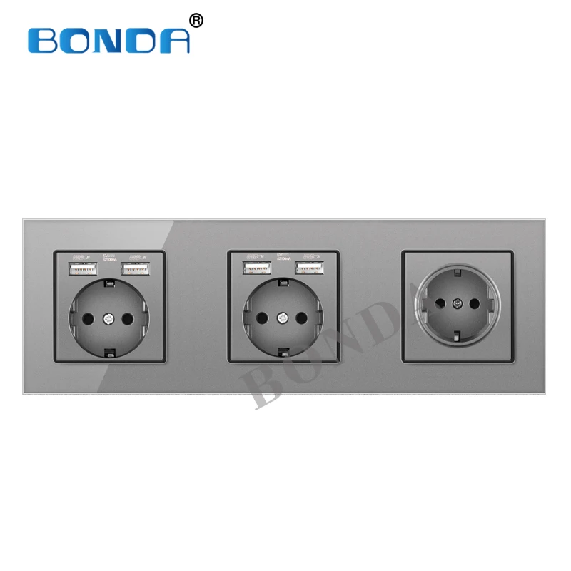 

BONDA EU Standard Wall Socket Crystal Tempered Glass Panel Combination Plug 16A C110-250V USB Power Socket CE RoHS certification