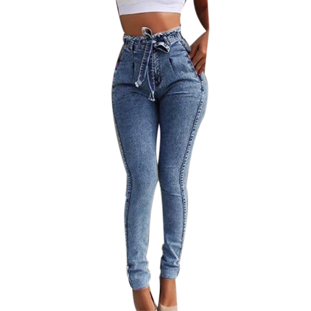 light blue SFIT женские узкие джинсы с высокой талией, однотонные леопардовые Лоскутные неровные ребристые длинные узкие брюки, повседневные Стрейчевые узкие - Цвет: light blue