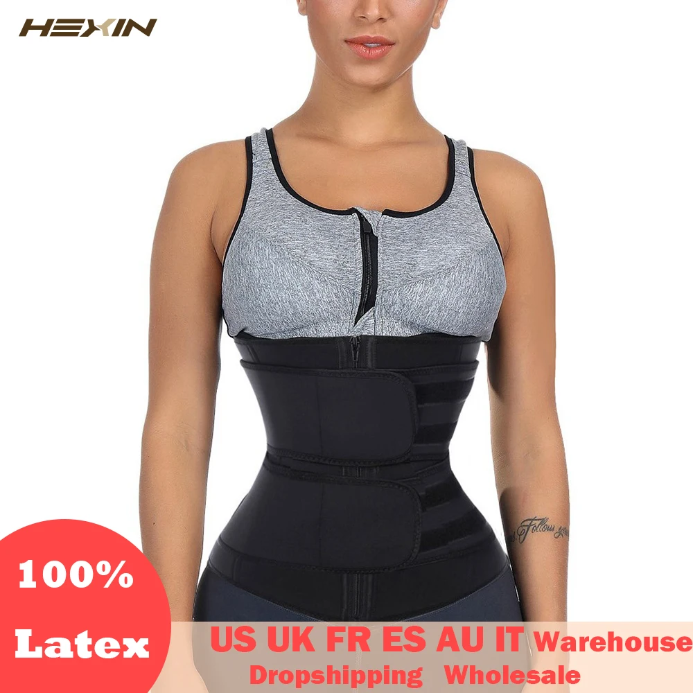 HEXIN Double Belt 100% Latex Waist Trainer Body Shapers Fitness Waist Trainer Zipper Shapewear Slimming Belt Fajas Colombianas