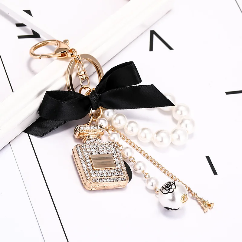 Imitation Pearl Perfume Bottle Keychain Car Key Ring Holder Bag Charm Pendant Accessories Bow Key Chain - Fashion Keyring image 2