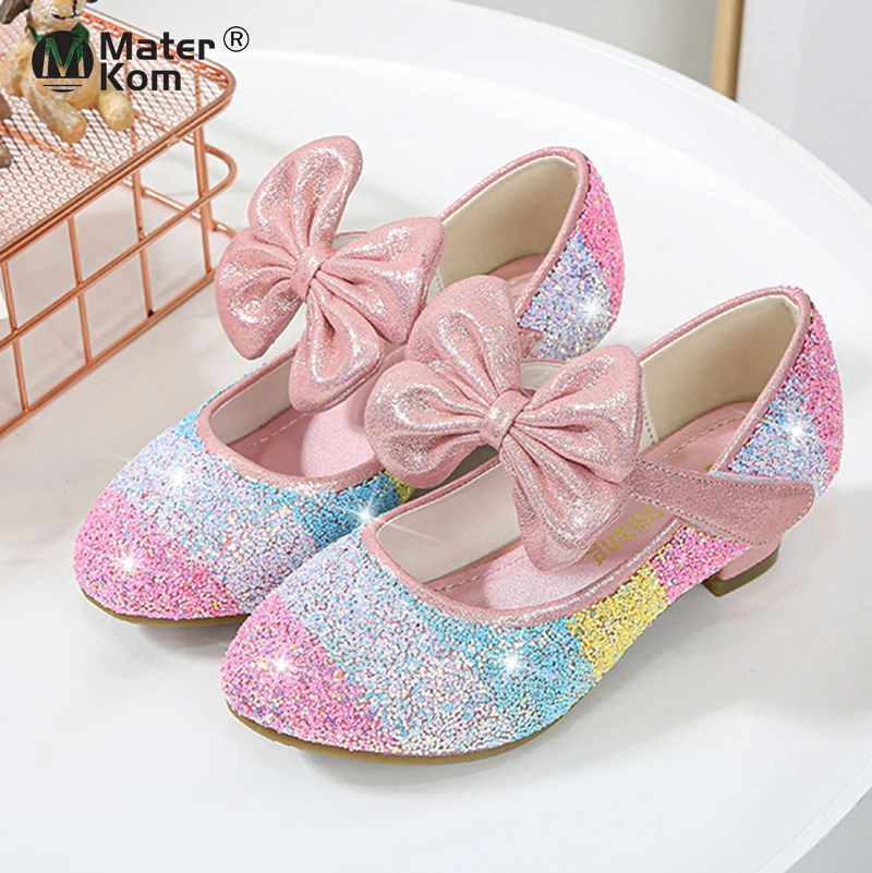 

Size 26-38 Girls Dancing Shoes Children High Heel Sandals Princess Leather Shoes Flower Glitter Shoes Butterfly Knot Kids Shoes