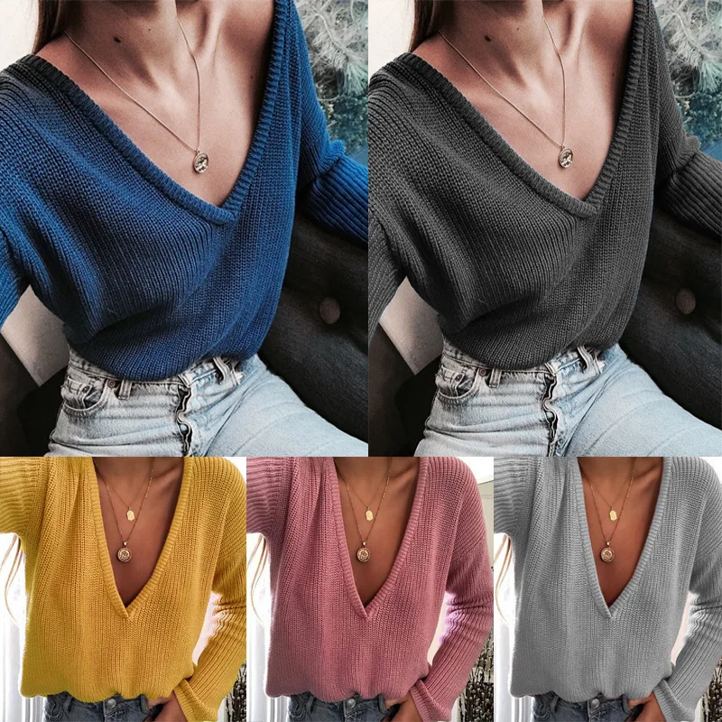 Women Deep V-neck Sweaters Casual Pink Knitted Pullovers 2019 New Autumn Winter Clothes Blue Gray Black GMW04 | Женская одежда