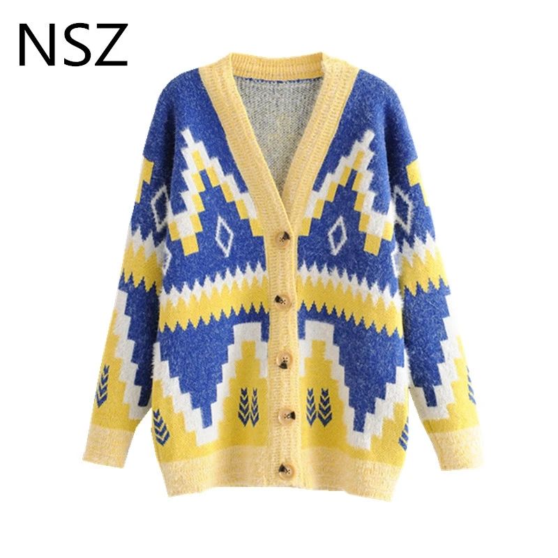 NSZ женский свитер с принтом длинный рукав v-образный вырез мохер вязаный кардиган