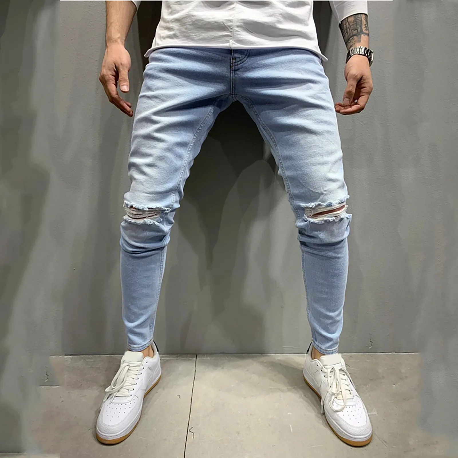 

New Men's Fashion Solid Colors High Waist Denim Trouser Hole Distressed Jeans Long Pencil Pants Streetwear Pantalones Hombre#g3