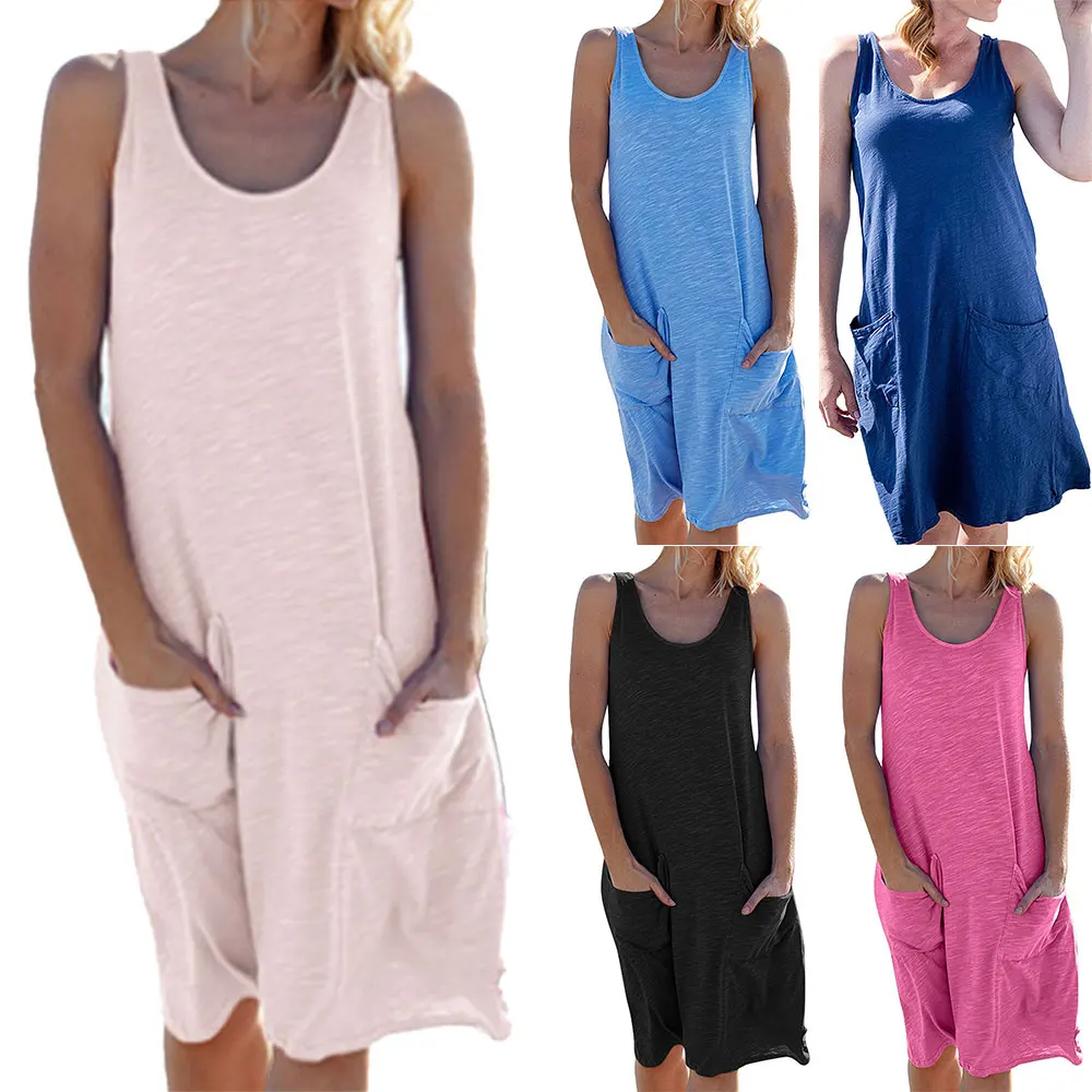 

Womens Loose Basic Sleeveless Knee Length Summer Shirt-Dress Pocket Plain Casual Bottoming Beach Dress Plus Size