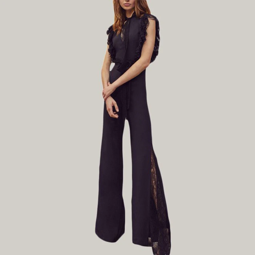 STREET New HIGH Fashion 2021 Designer Women's Elegant Sleeveless Lace Bow Ruffles Patchwork Black Boot Cut Wide Leg Jumpsuit