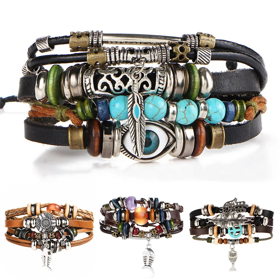 Boho Tibet Stone Feather Multilayer Leather Bracelet Evil Eye Fish Charms Beads Bracelets for Men Vintage Punk Wrap Wristband