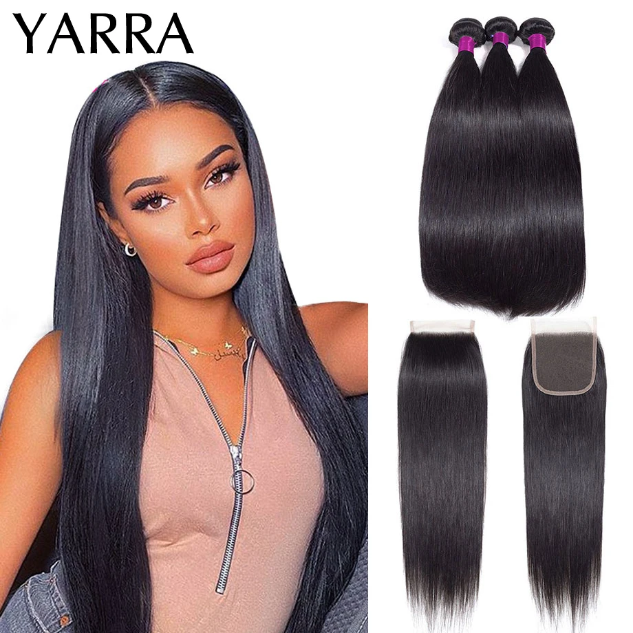 

Yarra Hair Straight Human Hair 3 Bundles With Closure Soft Peruvian Hair Weave Bundles with 4x4 Closure Free Part Hair Extension
