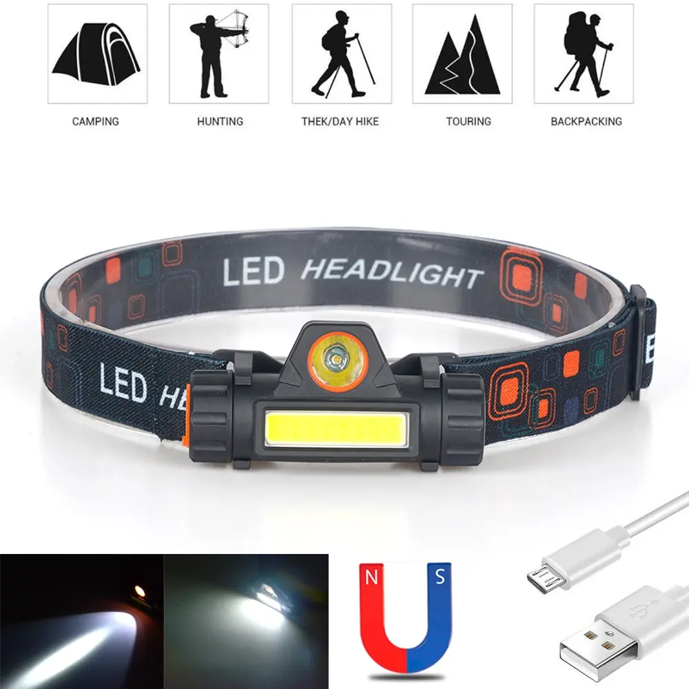 

XP-G Q5 built-in 18650 battery 2 light mode with magnet Waterproof headlight head lamp flashlight LED head lamp COB work light