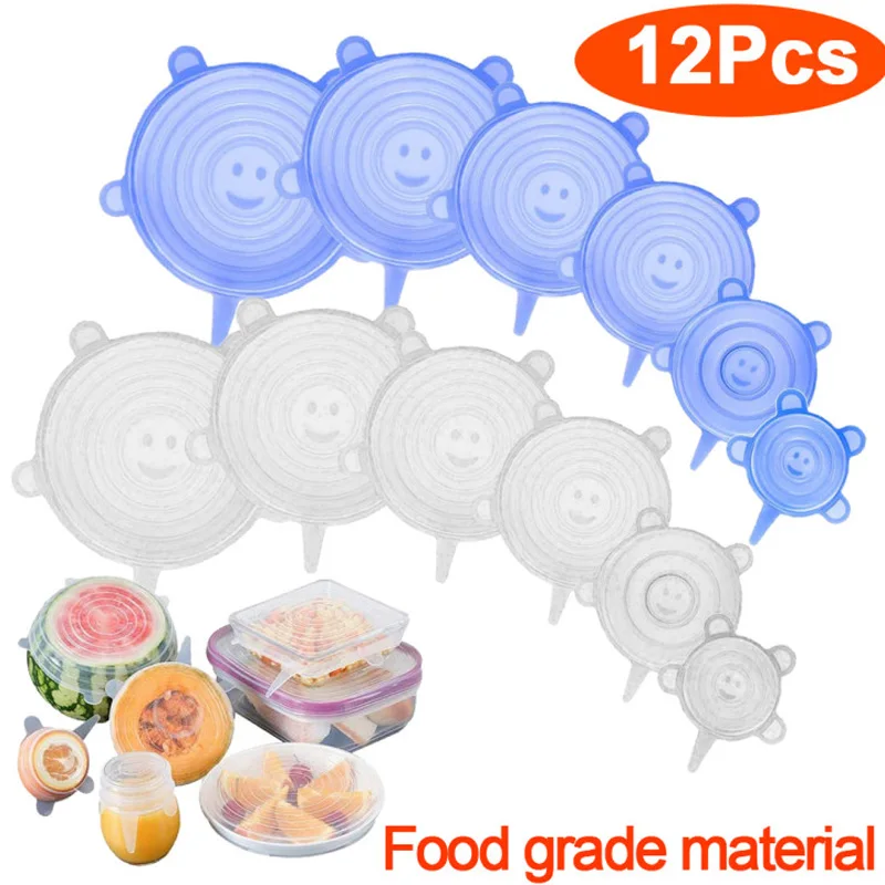 

D2 6/12 Pcs Food Silicone Cover Cap Universal Silicone Lids Cookware Bowl Reusable Stretch Lids Food Wrap Bowl Kitchen Stoppers