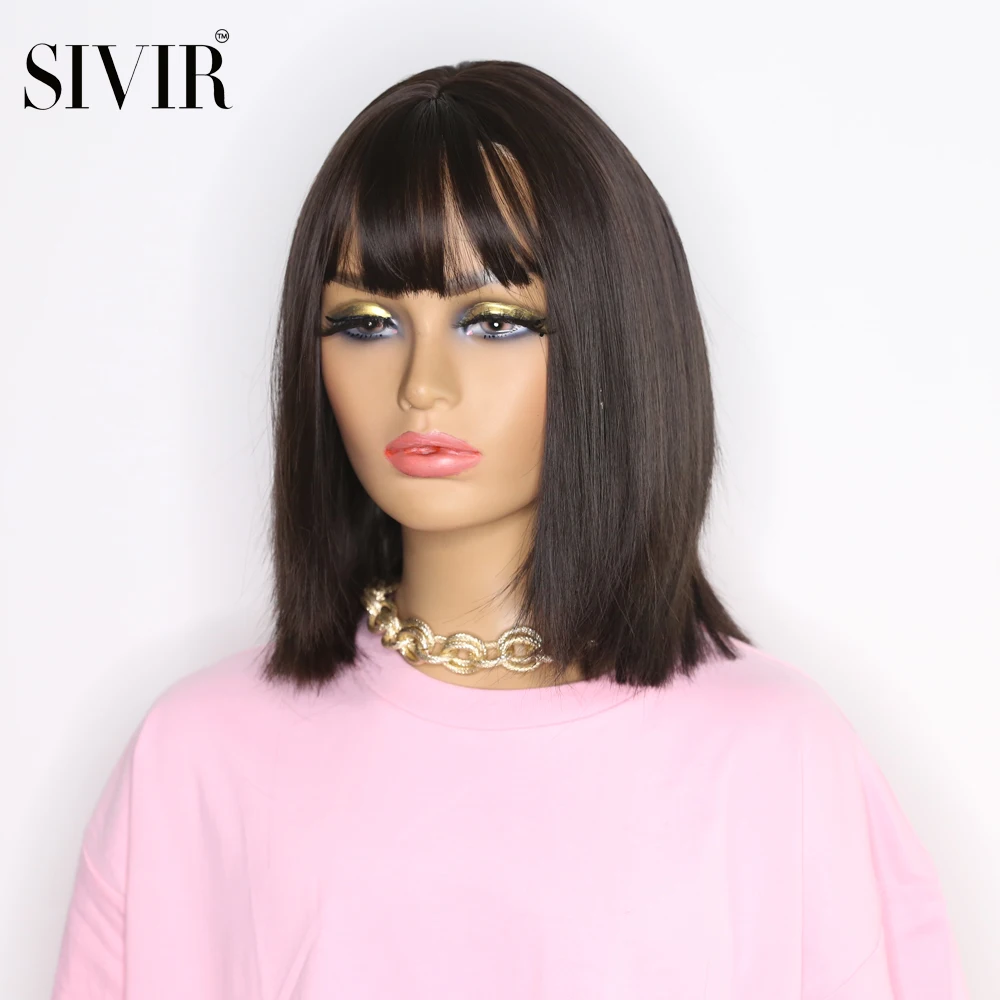 

Sivir Synthetic WIG With Bangs Straight Hair 12Inch Short Brown Color Black Color Wig party cosplay For white Woman