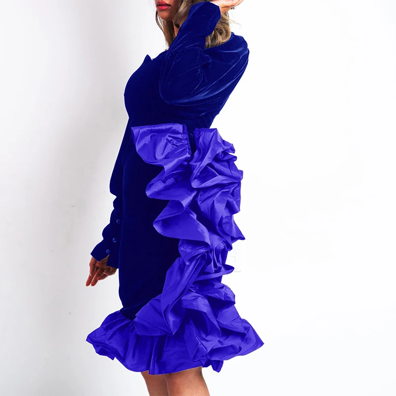 

Womans Plus Size Party Dress Golden velvet Ruffle 2021 plus size Office Party Club Fashion Dresses For Women Solid Elegant Dress